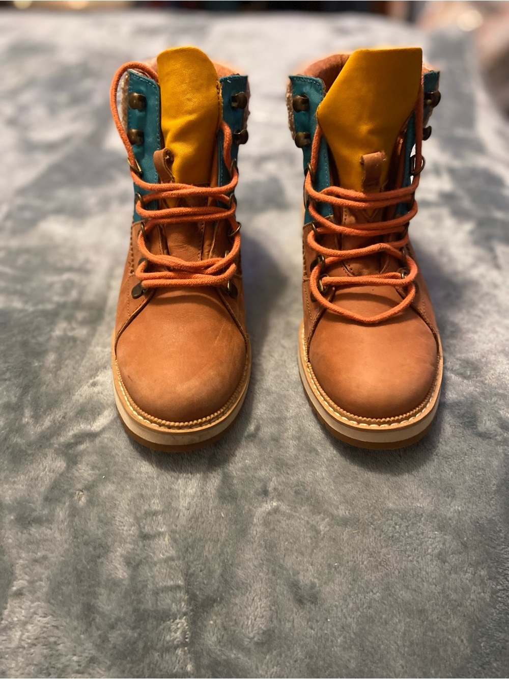 Toms Brown Leather Ankle Boots with Teal and Mustard Accents